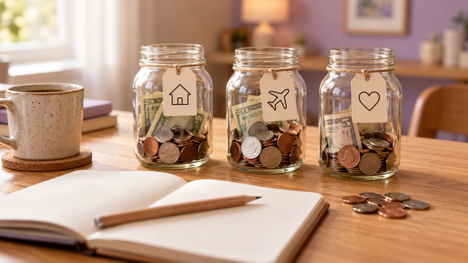 Frascos con ahorros para el hogar, viajes y bienestar junto a un cuaderno de planificación