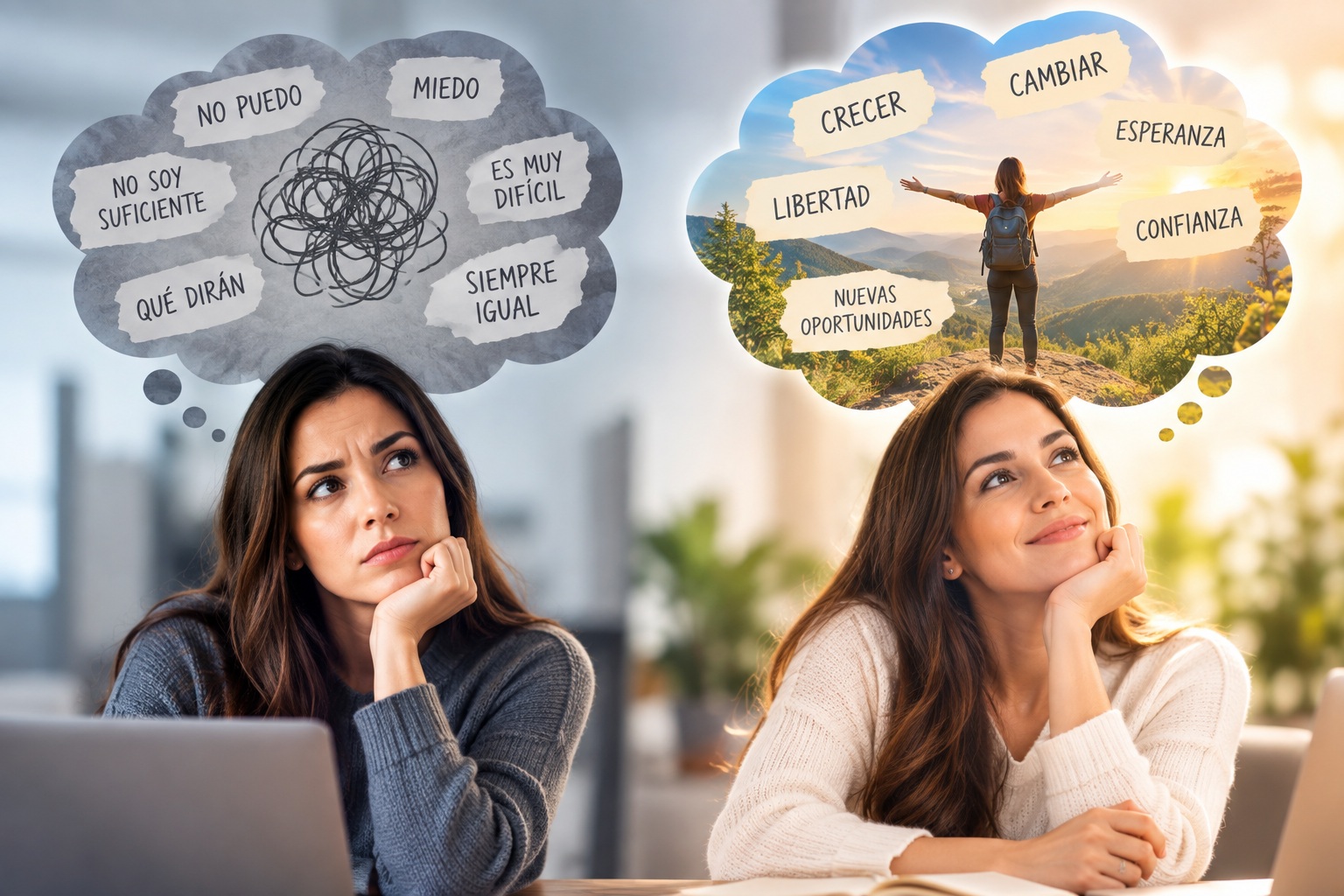 Mujer reflexionando sobre sus creencias limitantes frente a una representación de crecimiento personal, confianza, esperanza y libertad.